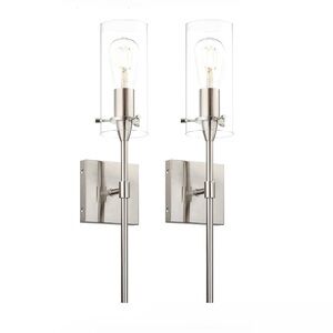 Set of 2, Modern 1 Light Brushed Nickel Wall Sconces  with Clear Glass
